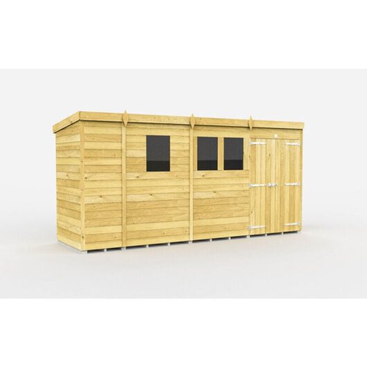 13 x 4 Feet Pent Shed - Double Door With Windows - Wood - L118 x W387 x H201 cm
