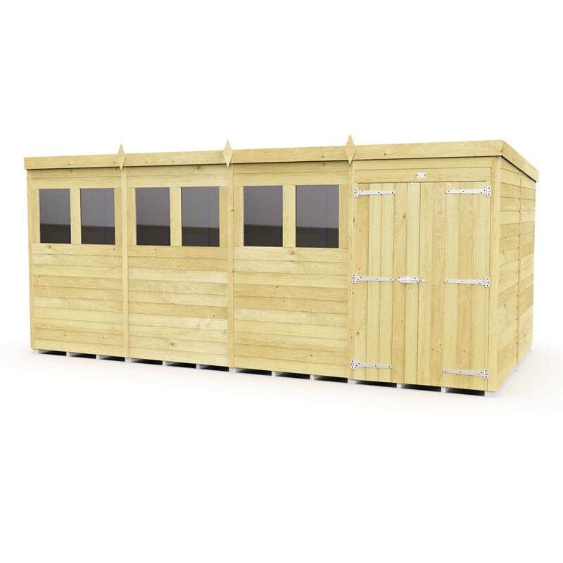 16 x 8 Feet Pent Shed - Double Door With Windows - Wood - L231 x W474 x H201 cm
