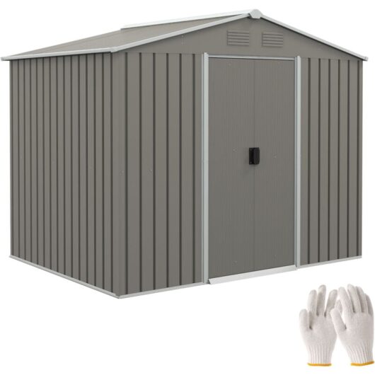 8 x 6ft Garden Storage Shed w/ Double Sliding Door Outdoor Light Grey - Light Grey - Outsunny