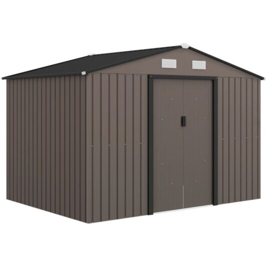 9 x 6FT Galvanised Garden Storage Shed with Sliding Door, Brown - Brown - Outsunny