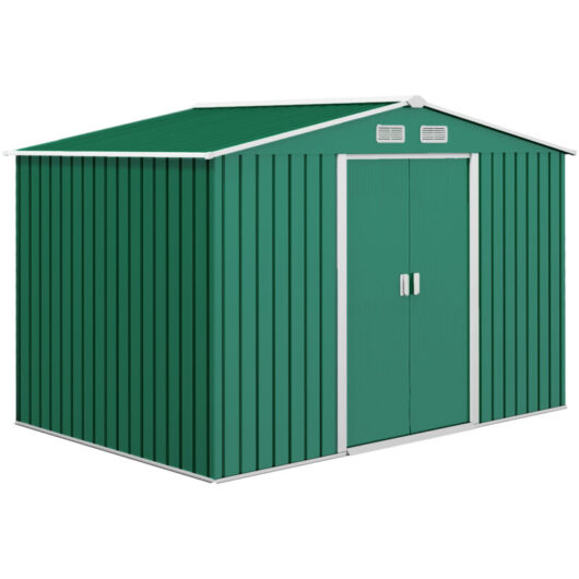 9 x 6FT Galvanised Garden Storage Shed with Sliding Door, Green - Green - Outsunny