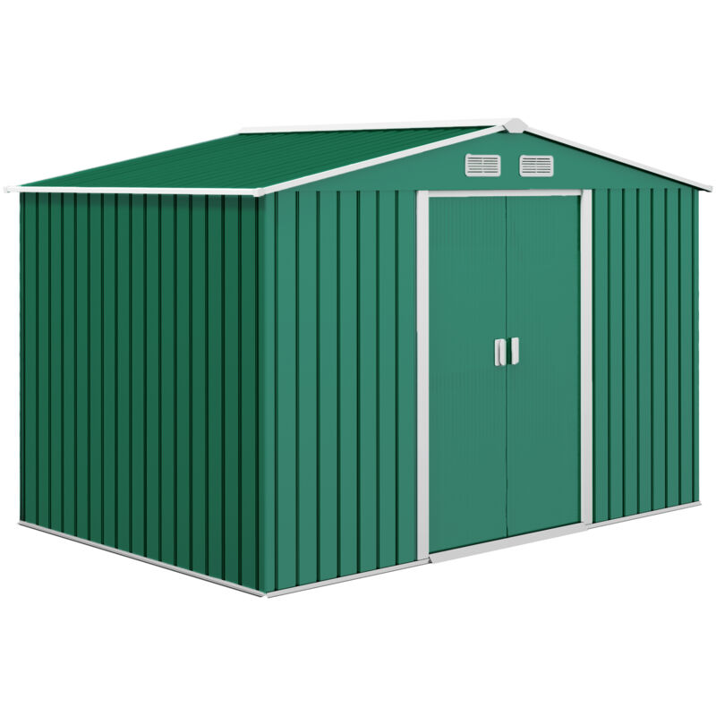 9 x 6FT Galvanised Garden Storage Shed with Sliding Door, Green - Green - Outsunny