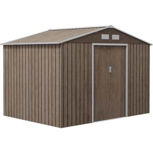 9 x 6FT Galvanised Garden Storage Shed with Sliding Door, Light Grey - Light Brown - Outsunny