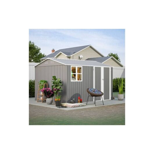 BIRCHTREE Garden Shed With Window Steel Apex Roof Free Foundation 10x8FT Outdoor Backyard Storage Organizer Air Vents Grey