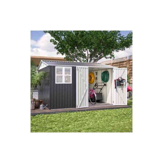 Birchtree - 10x10FT Steel Apex Garden Shed Tool Equipment Organize W/Window Door Anthracite