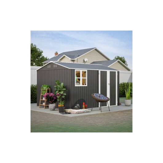 Birchtree - Garden Shed With Window Steel Apex Roof Free Foundation 10x8FT Outdoor Backyard Storage Organizer Air Vents Anthracite