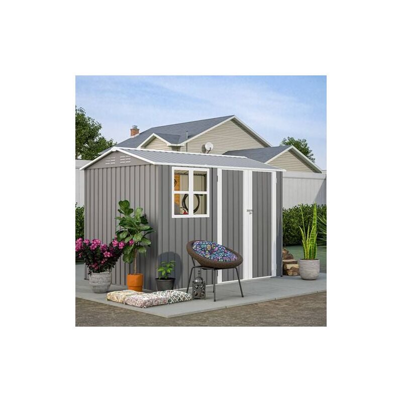 Birchtree - Garden Shed With Window Steel Apex Roof Free Foundation 8X6FT Outdoor Backyard Storage Organizer Air Vents Grey