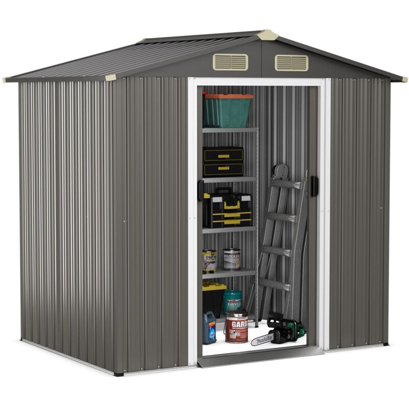 Costway - 6 x 4 ft Outdoor Storage Shed Galvanized Steel Shed w/ Lockable Sliding Door