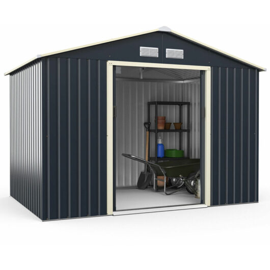 Costway - 6'x9' Metal Storage Shed, Outdoor Lockable Tool Storage Box with 4 Vents, Double Sliding Door and Sloped Roof, Weatherproof Garden Shed