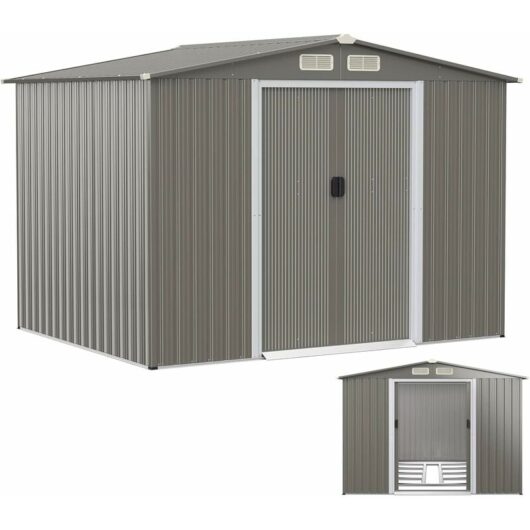 Costway - 8 x 6FT Galvanized Metal Garden Shed, Outdoor Lockable Tool Storage House with Foundation, Ramp, Ventilation and Sliding Door, Weatherproof