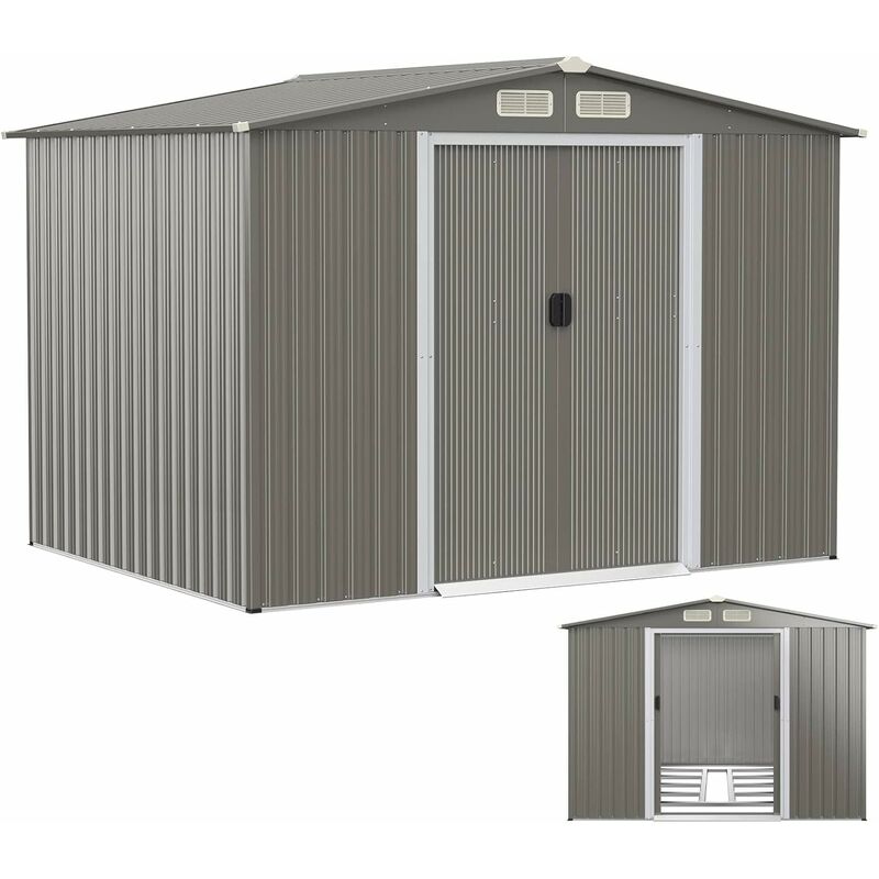 Costway - 8 x 6FT Galvanized Metal Garden Shed, Outdoor Lockable Tool Storage House with Foundation, Ramp, Ventilation and Sliding Door, Weatherproof