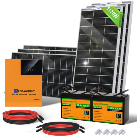 Eco-worthy - 1170W Solar Panel Kit with Bifacial Solar Panels, 3000W 24V Hybrid All-in one Inverter and 100Ah 12V Lithium Rechargeable Battery for