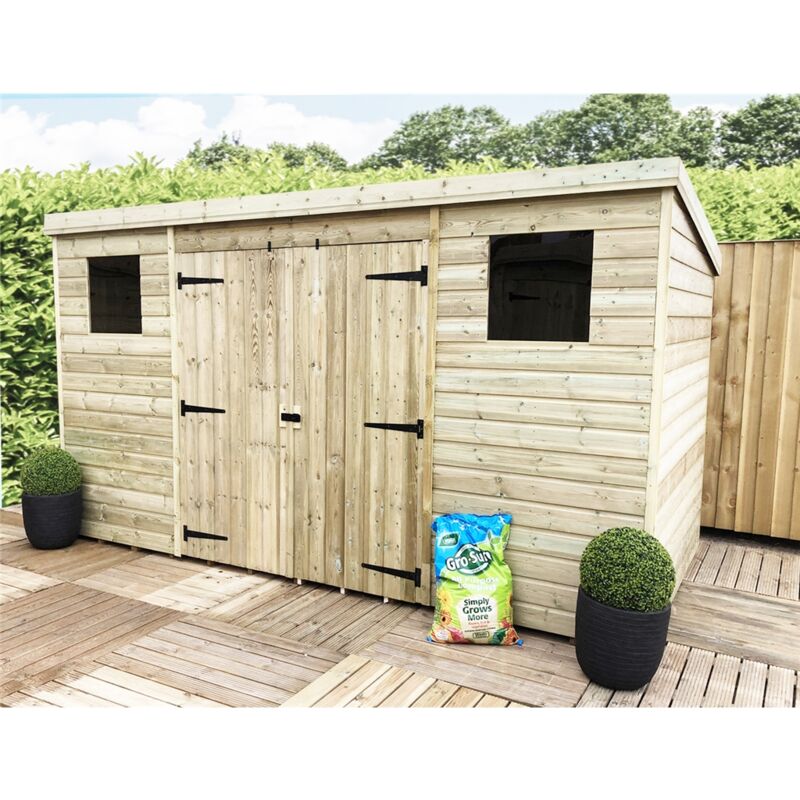 INSTALLED 12 x 8 Garden Shed Pressure Treated T&G PENT Shed - 2 Windows + Double Doors (12' x 8' / 12ft x 8ft) (12x8)