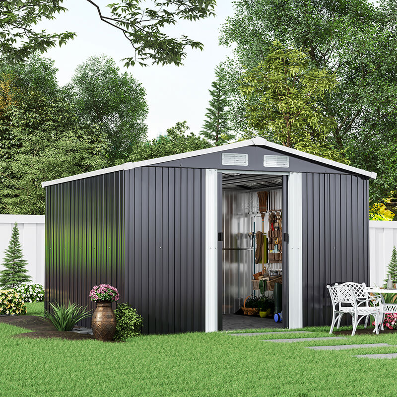 Livingandhome - 8ft x 8ft Grey Metal Garden Shed Garden Storage with Base Foundation