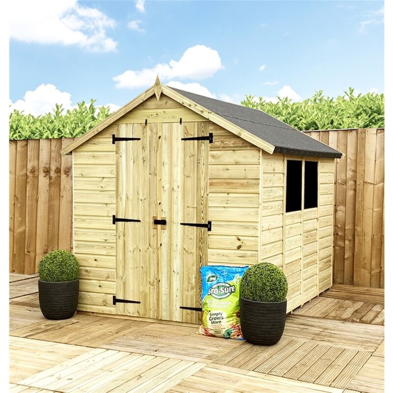 Marlborough - install included - 8 x 4 Pressure Treated t&g Double Door Apex Garden Shed - 2 Windows (8' x 4') / (8ft x 4ft) (8x4)