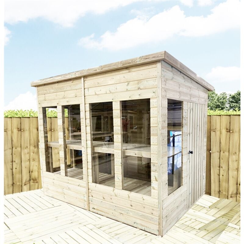 Marlborough - installed 9 x 6 Pressure Treated Tongue And Groove Pent Summerhouse - Potting Shed - Bench + Safety Toughened Glass + rim Lock with Key