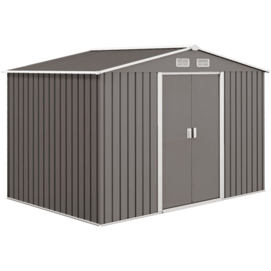 Outsunny - 9 x 6ft Metal Garden Shed, Outdoor Storage Tool House with Ventilation Slots, Foundation Kit and Lockable Double Doors Grey