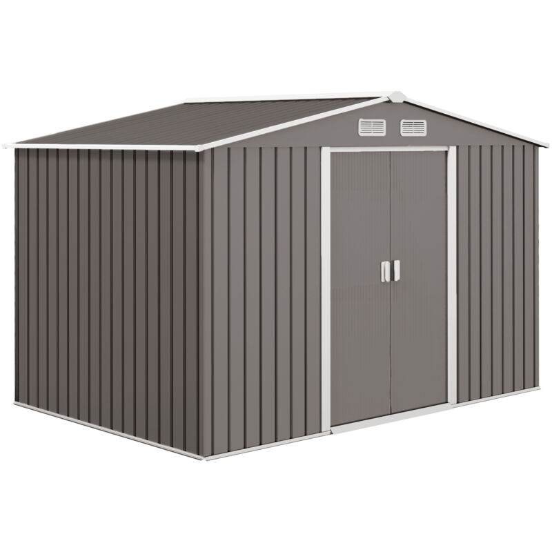 Outsunny - 9 x 6ft Metal Garden Shed, Outdoor Storage Tool House with Ventilation Slots, Foundation Kit and Lockable Double Doors Grey