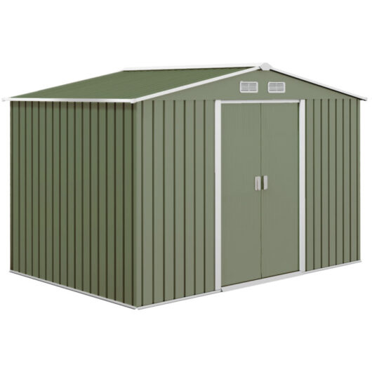 Outsunny - 9 x 6ft Metal Garden Shed, Outdoor Storage Tool House with Ventilation Slots, Foundation Kit and Lockable Double Doors Light Green