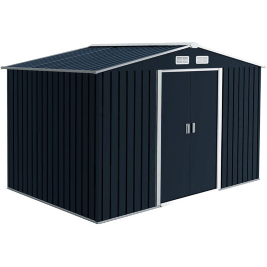 Outsunny 9 x 6ft Metal Garden Shed, Outdoor Storage Tool House with Ventilation Slots, Foundation Kit and Lockable Double Doors Light Grey