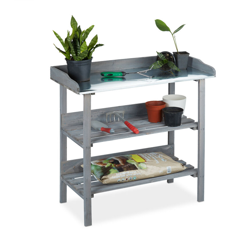 Plant Table, Garden Workbench With 3 Tiers, Greenhouse, Shed, Balcony & Patio, Wood, 86 x 92 x 42 cm, Grey - Relaxdays