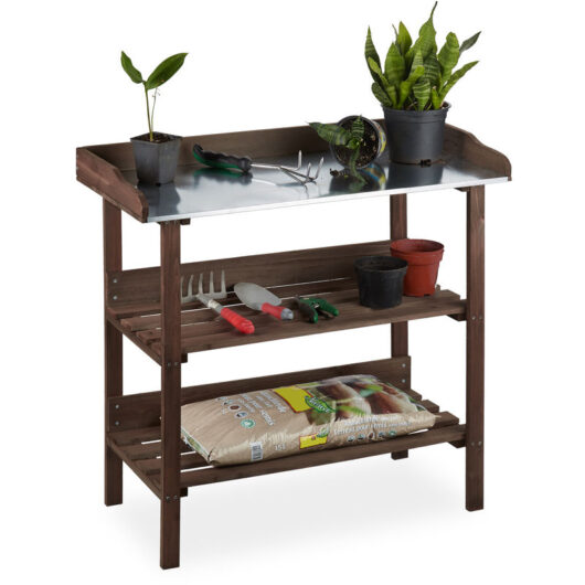 Plant Table, Garden Workbench With 3 Tiers, Greenhouse, Shed, Balcony & Patio, Wood, 86x92x42 cm, Dark-brown - Relaxdays