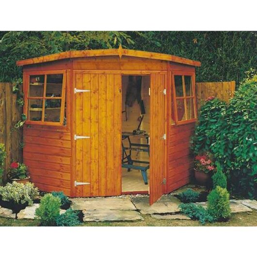 Shire - Corner Shed Double Doors Tongue and Groove Garden Shed Workshop Approx 10 x 10 Feet - Honey Brown Timber Basecoat