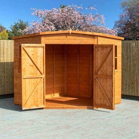 Shire - Corner Shed Double Doors Tongue and Groove Garden Shed Workshop Approx 7 x 7 Feet - Honey Brown Timber Basecoat