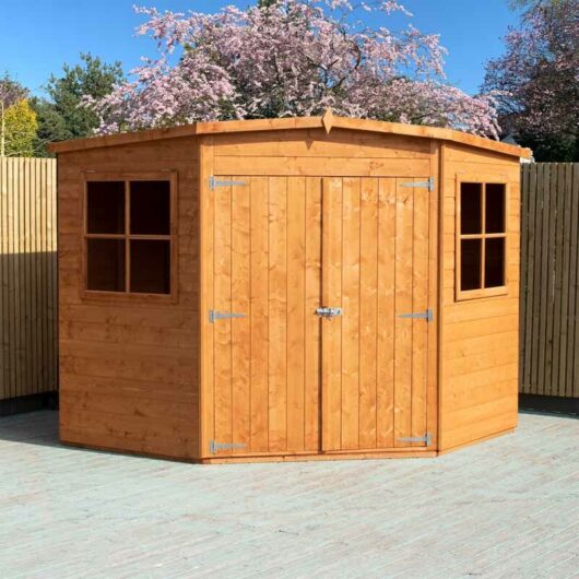 Shire - Corner Shed Double Doors Tongue and Groove Garden Shed Workshop Approx 8 x 8 Feet - Honey Brown Timber Basecoat
