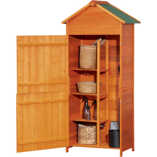 Wooden Garden Shed Outdoor Shelves Utility Tool Storage Cabinet Teak - Outsunny
