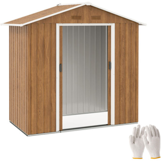 6.5ft x 3.5ft Garden Storage Shed, Large Metal Shed Chocolate Wood Effect - Outsunny