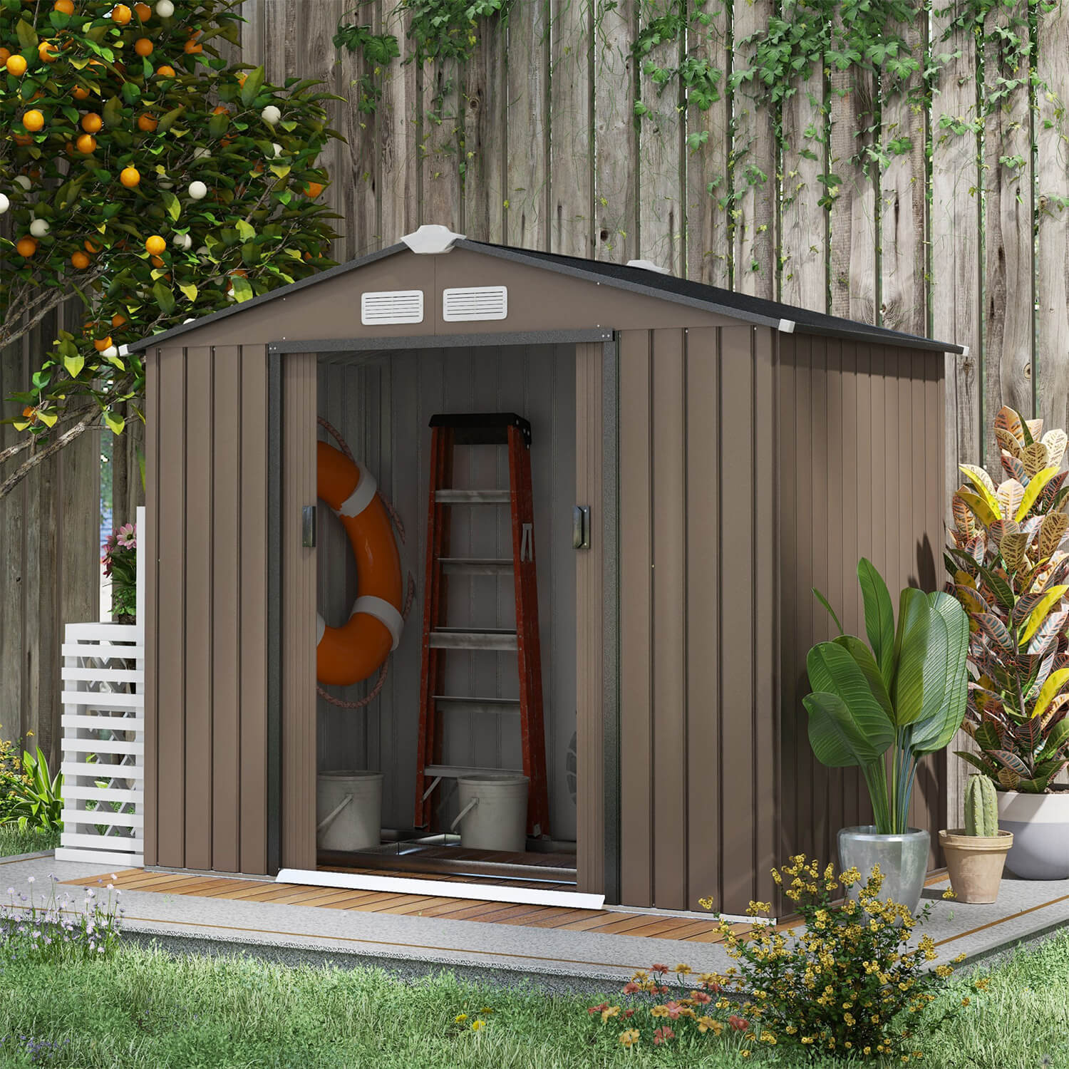 7 X 4Ft Garden Shed Storage With Foundation Kit And Vents Brown
