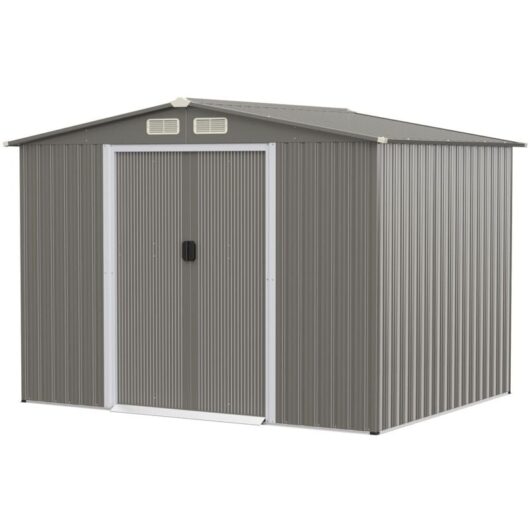 8 x 6 FT Outdoor Storage Shed Galvanized Steel Shed w/ Foundation & Ramp