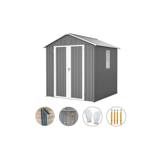 BIRCHTREE Garden Shed 6x6FT Steel Apex House Tool Equipment Organizer W/ Window Door Grey