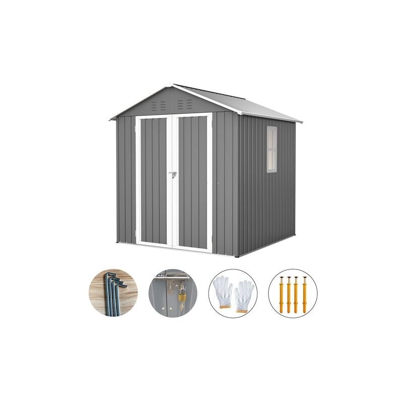 BIRCHTREE Garden Shed 6x6FT Steel Apex House Tool Equipment Organizer W/ Window Door Grey