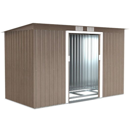 Outsunny - 9 x 4FT Outdoor Metal Frame Garden Storage Shed w/ 2 Door Light Grey Wood Grain