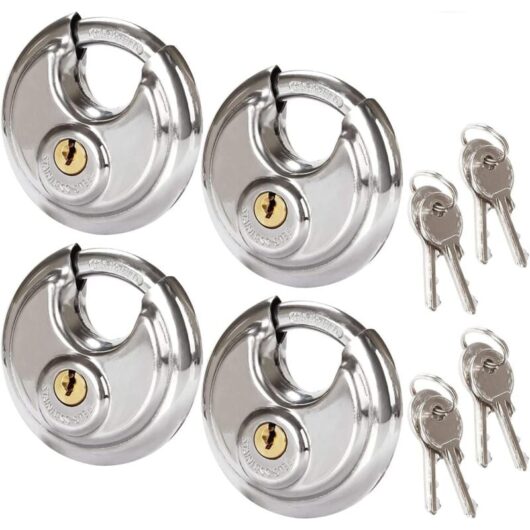 Set of 4 Round Security Padlocks, 70mm Round Stainless Steel Padlock, Rust Resistant Disc Padlock for Sheds, Garages, Trailers