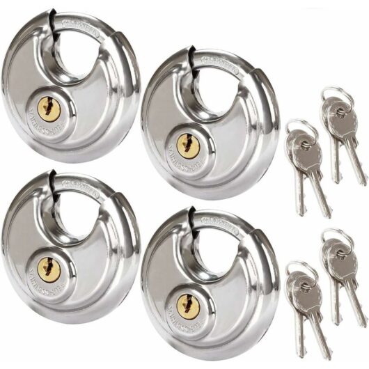 Set of 4 Security Circular Padlocks, 70MM Round Stainless Steel Padlocks, Rust Resistant Disc Padlocks for Sheds, Garages, Trailers
