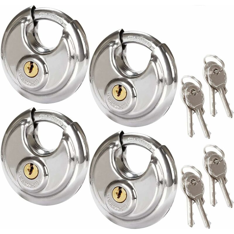 Set of 4 Security Circular Padlocks, 70MM Round Stainless Steel Padlocks, Rust Resistant Disc Padlocks for Sheds, Garages, Trailers