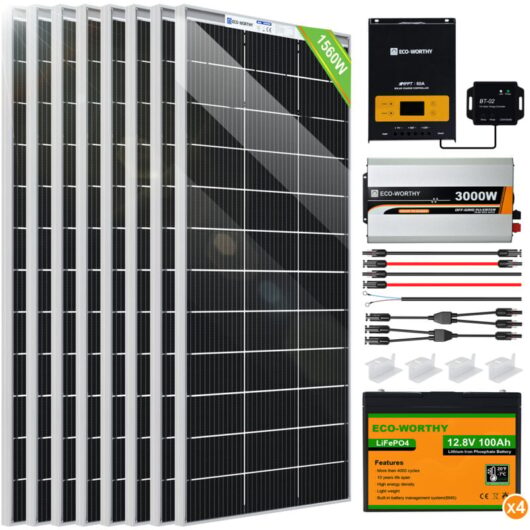 Eco-worthy - 1560W Bifacial Solar Panel Kit with 3000W 24V Pure Sine Wave Solar Inverter and 100Ah 12V Lithium Rechargeable Battery for Shed Cabin