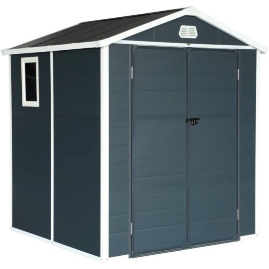 Plastic garden shed 3.65 m², anthracite, steel and aluminium, double-pitched roof and large entrance door, 192 x 190 x 219cm
