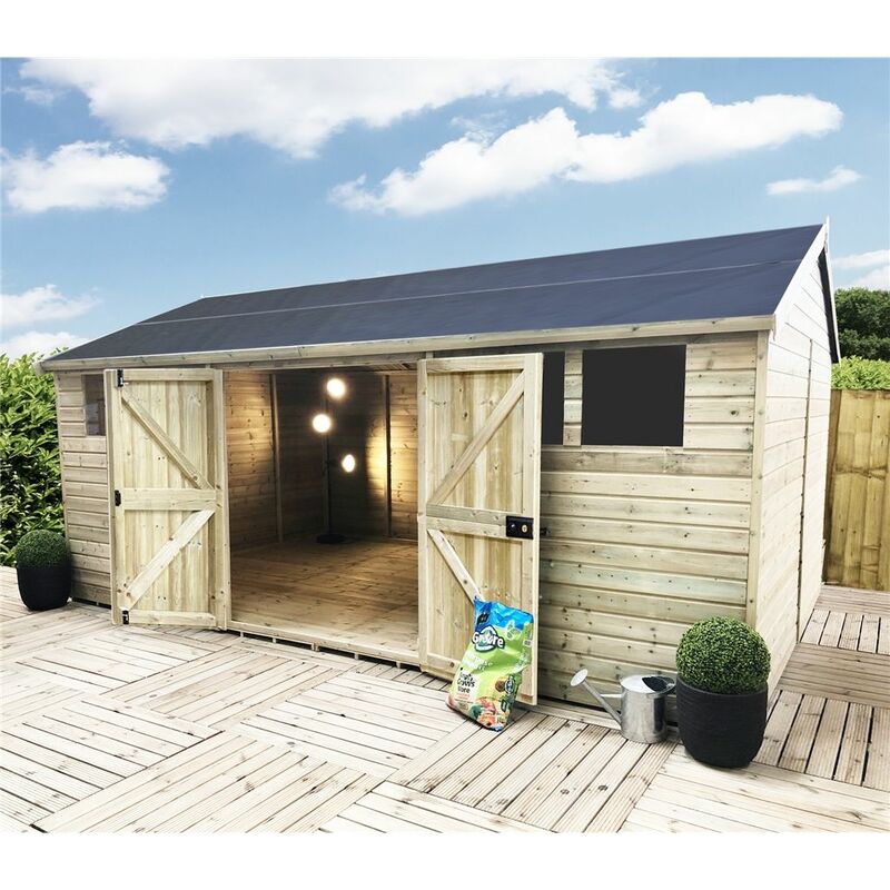 12 X 10 Reverse Premier Pressure Treated Tongue And Groove Apex Shed / Workshop With Higher Eaves And Ridge Height 2 Windows And Double Doors (12mm