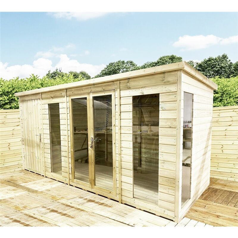 14 X 8 Combi Pressure Treated Tongue & Groove Pent Summerhouse With Higher Eaves And Ridge Height + Side Shed + Toughened Safety Glass + Euro Lock