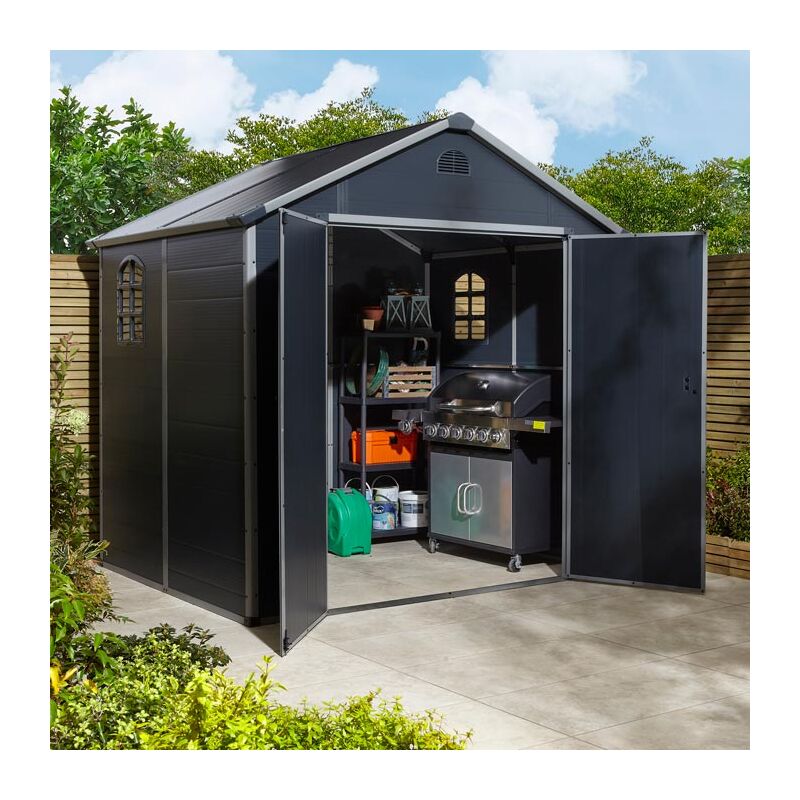 Airevale 8x6 Plastic Apex Shed Dark Grey with Foundation Kit - Rowlinson