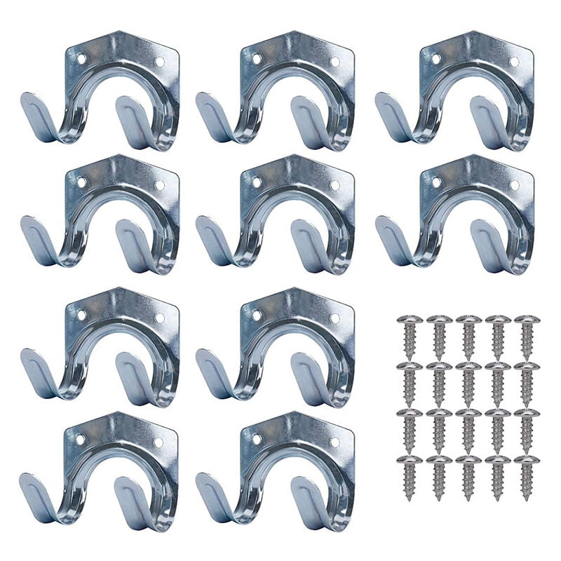Cyslmuk - 10 Pack Metal Storage Hooks, Steel Sheet Tool Holder, Wall Mounted Garden Tool Rack, Double U-Shaped Steel Wall Mounted Garden Tool Hanger
