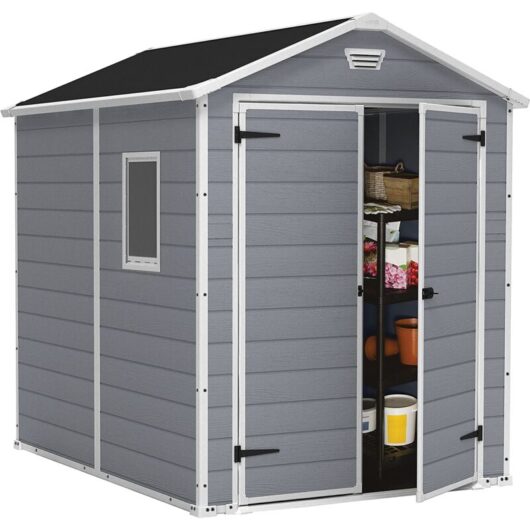 Keter Manor Grey Garden Shed 6 x 8 ft Apex Outdoor Storage Wood Effect Resin