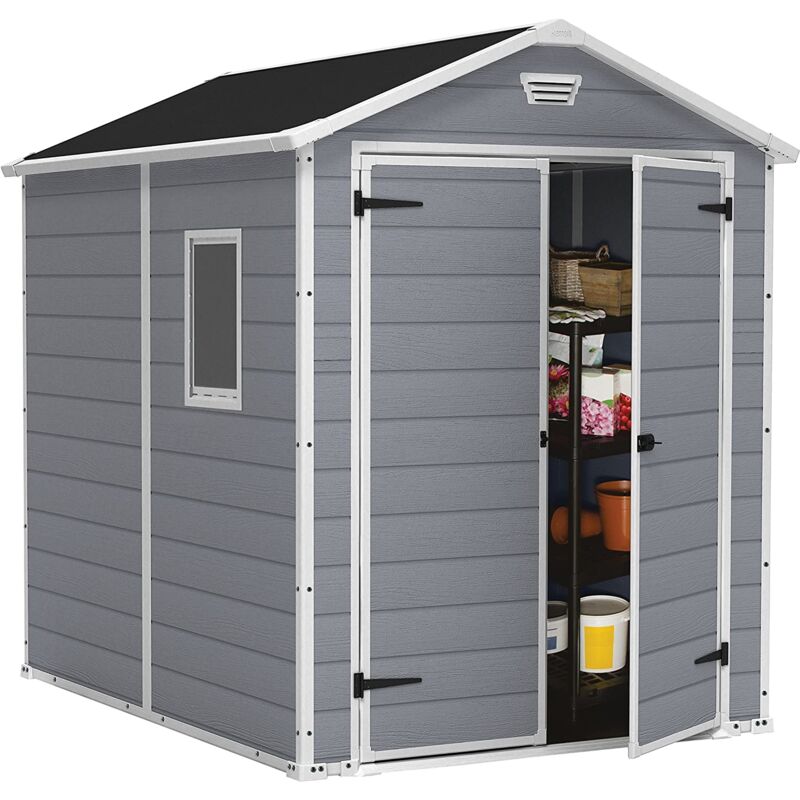 Keter Manor Grey Garden Shed 6 x 8 ft Apex Outdoor Storage Wood Effect Resin