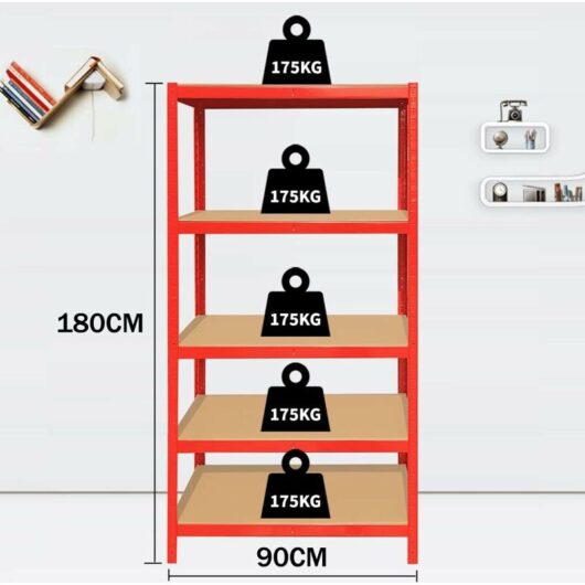 5 Tier Shelving Unit Garage Storage Shelves - 180 x 90 x 40 cm Heavy Duty Racking Metal Shelf Boltless Assembly, (175KG Per Shelf), 875KG Capacity,