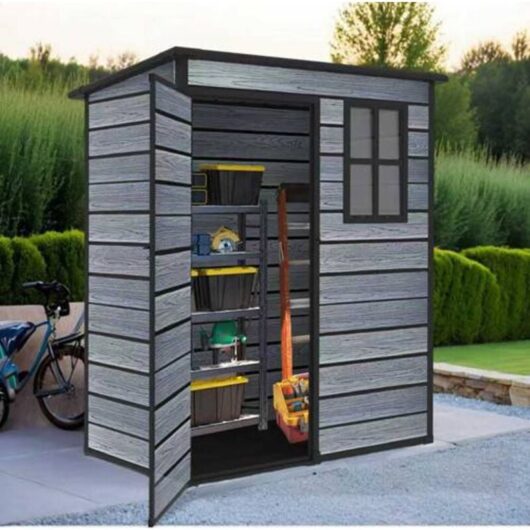 5X3FT Plastic Garden Shed Pent with Floor Window Lockable Door Wood Grain Grey
