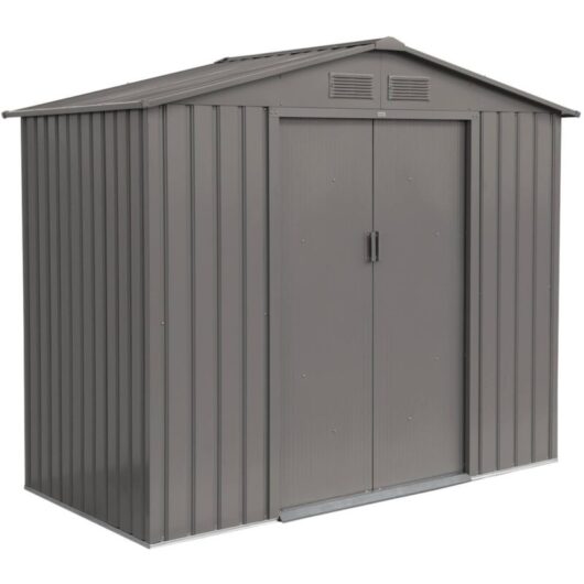 Metal garden shed - Houtland 2.71 m² beige finish - Tool storage cabin with double sliding doors, floor anchoring kit included, l 213 x d 131 x h 185